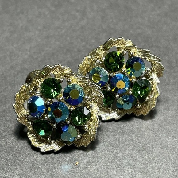 Lisner Vintage Signed Blue Aurora Borealis Rhinestone Silver Screw Earrings - Picture 1 of 8